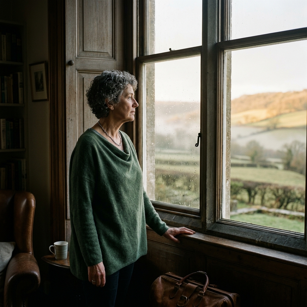 A mature individual contemplating a scenic path