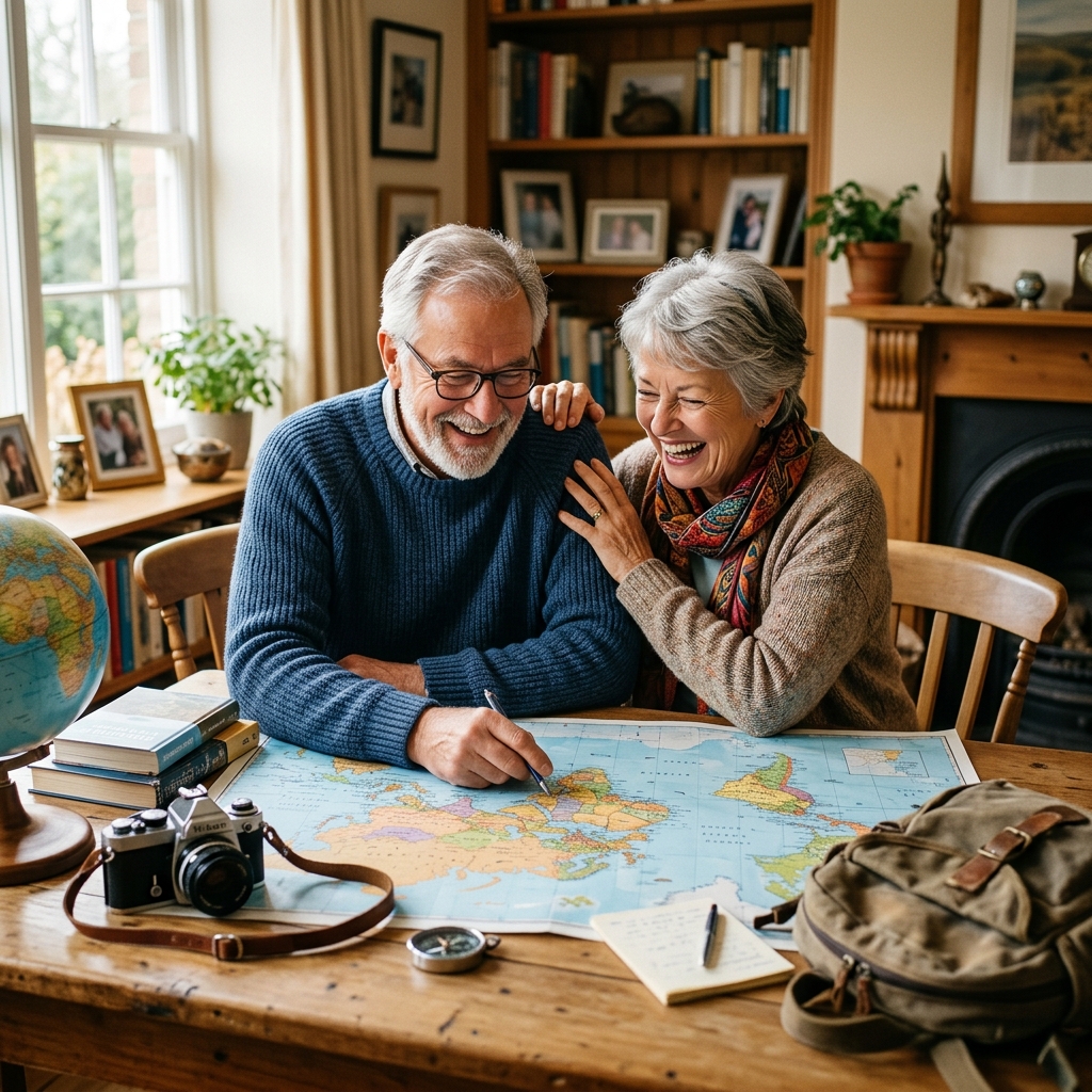 A mature couple happily looking over a travel map