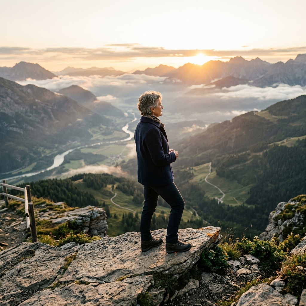 A mature individual overlooking a scenic sunrise