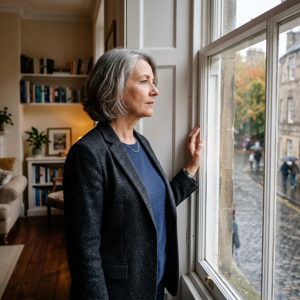 Woman in a blazer looking out window